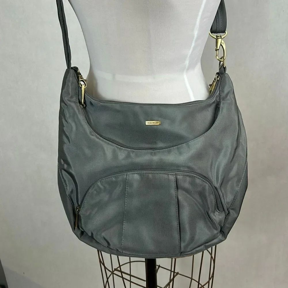 Travelon Hobo Crossbody Travel Bag Purse Gray Adjustable Strap Multi Pockets